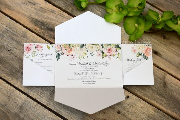 All-in-one invitation with peachy-pink florals
