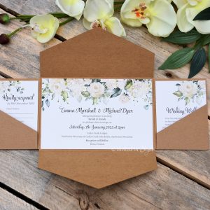 All-in-one invitation with white & green watercolour florals