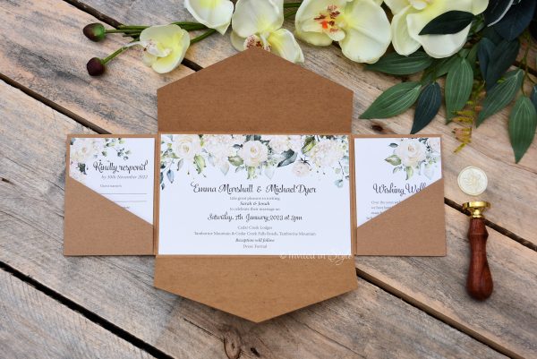 All-in-one invitation with white & green watercolour florals