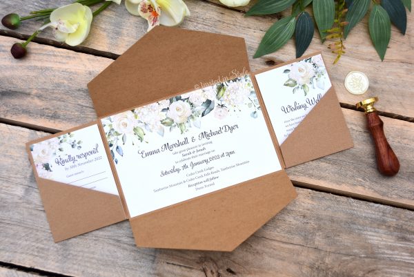 All-in-one invitation with white & green watercolour florals - Image 2