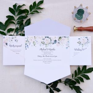 All-in-one invitation with white & green watercolour florals