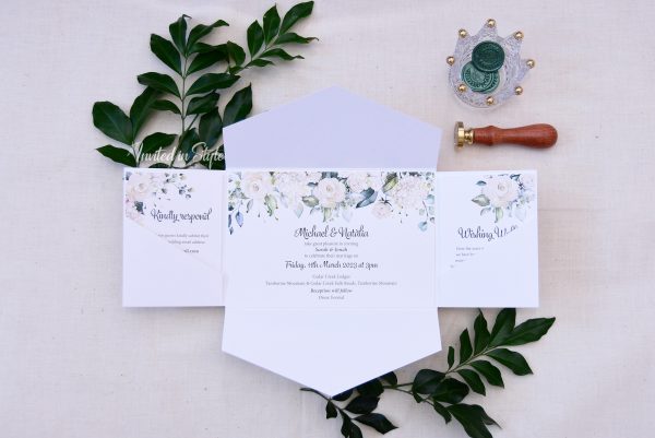 All-in-one invitation with white & green watercolour florals