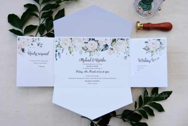 All-in-one invitation with white & green watercolour florals - Image 2